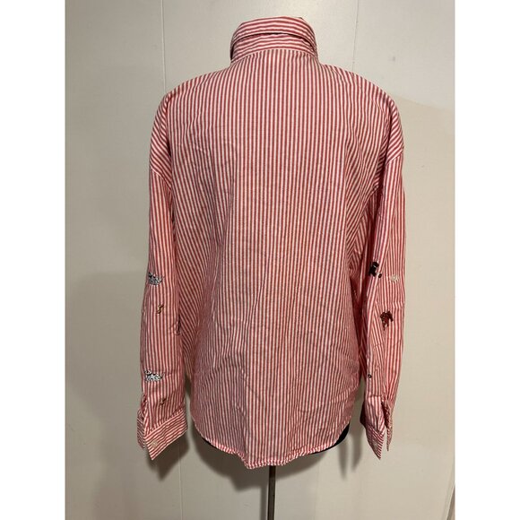 Teddi Red‎ White Striped Shirt with Embroidered Dogs – Size Large - Picture 7 of 13